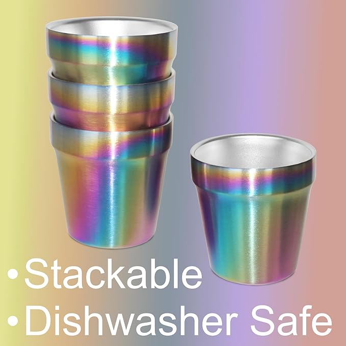 Stainless Steel Cups 4 Pack 6oz Double Walled Insulated Cups Stackable Travel Mug for Coffee, Tea, Beer, Camping&Everyday(Rainbow)