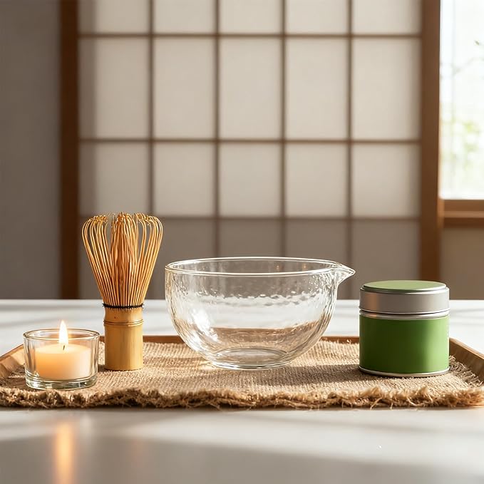 Glass Matcha Bowl With Spout,Textured Glass Chawan Matcha Green Tea Whisk Bowls,Clear Japanese Style Cute Salad Mixing Bowl