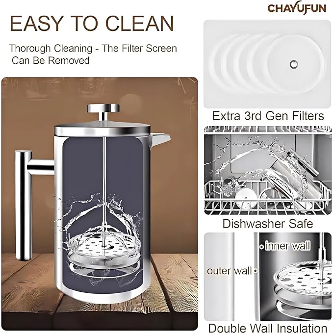 Premium Stainless Steel French Press Coffee Maker (5 Pack Filter)- 34oz/1L Thermal Insulated, 304 Rust-Proof Metal Press - Heat-Resistant Ergonomic Handle BPA Free(Dishwasher Safe)