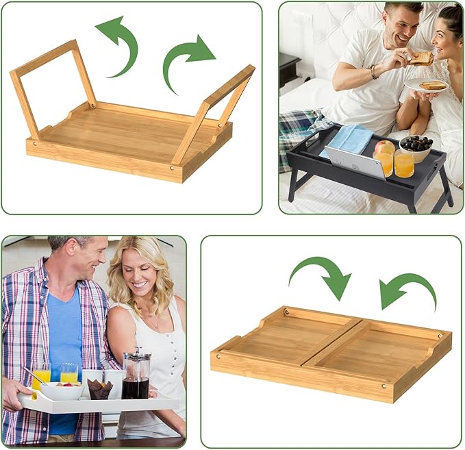 Bamboo Bed Tray Table with Foldable Legs, Breakfast in Bed Tray for Eating, Kitchen Serving Trays, Folding Table for Sofa, Beds, Eating, Working, Used As Laptop Desk Snack Trays, Large Bamboo
