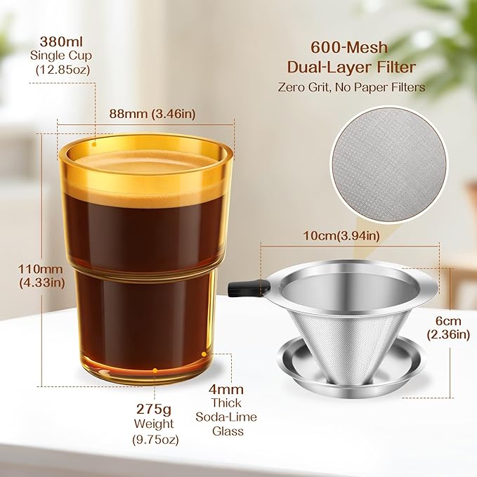 Single Serve Immersion Coffee Maker, Glass Pour Over Coffee Dripper with Reusable Stainless Steel Filter, Manual Coffee Brewer Cup for Home Office Travel-A