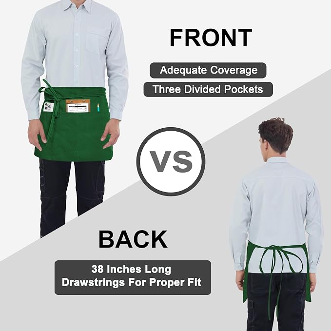PLOYMONO 10P Green Server Apron with 3 Pockets, Short Waist Waitress Apron | Polyester Short Waiter Apron with 3 Deep Pockets, Great for Restaurant Servers, Bartenders, Hosts, Baristas - Image 5