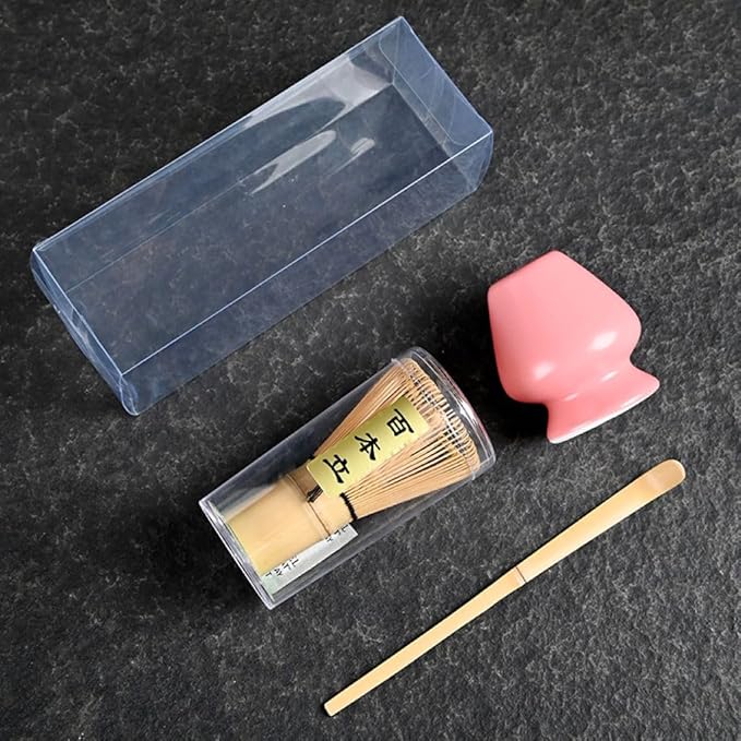 Japanese Matcha Tea Set, Bamboo Whisk (Chasen) + Matcha Scoop (Chashaku)+Ceramic Whisk Holder,fit for Japanese Tea Matcha Tea,Matcha Latte Accessories (L)