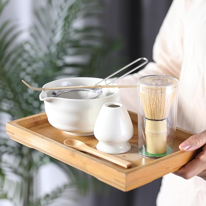 Matcha Whisk Set, 6 Pcs Matcha Set with Bamboo Matcha Scoop and Stainless Steel Sifter /Pouring Spout Ceramic Bowl/Matcha spoon/Matcha Whisk Holder, -19 oz Japanese Tea Ceremony Kit for Gifts (White)