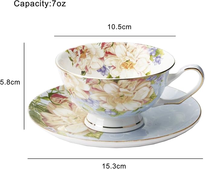 Blue Tea Cup,Floral Tea Cup and Saucer Set,Bone China Tea Set,Coffee Cup,Tea Set for Adults/Friends/Women/Men,7OZ