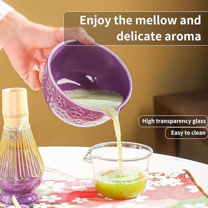 8-Piece Matcha Ceremony Set - Tea Kit with Cherry Blossom Bowl, Bamboo Whisk, Wood Scoops, Tea Cloth & Floral Display - Gift-Ready Pink Cherry color box (Purple;)
