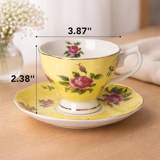 BTaT- Floral Tea Cups and Saucers, Set of 4, 8 oz, Fine Porcelain Teacup Set with Gold Trim for Afternoon Tea, Weddings, Parties & Gifting, Dishwasher Safe, Lightweight, Non-Toxic