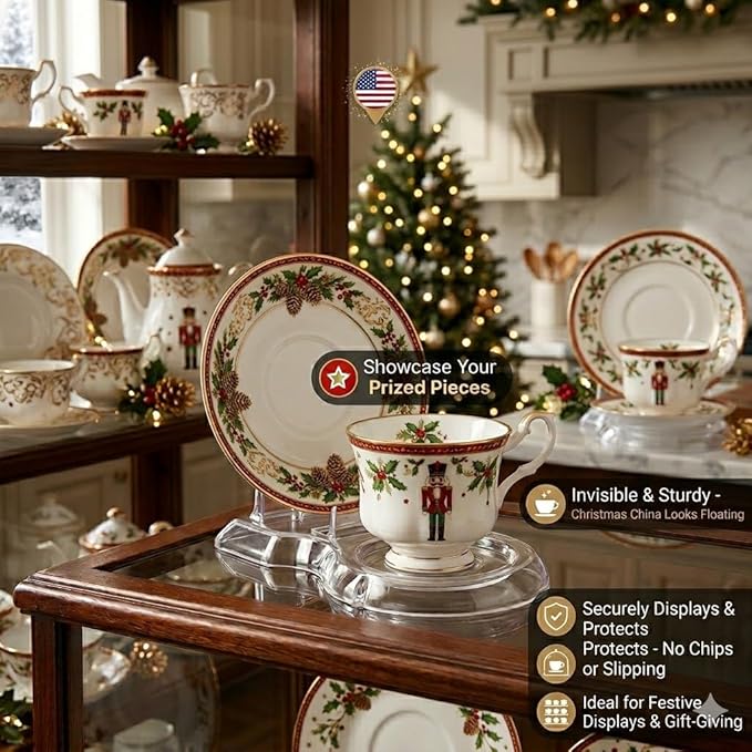 HOHIYA 12 Pcs Clear Acrylic Tea Cup and Saucer Display Stand Set Stackable Teacup Holder Rack for China TeaCups Coffee Mugs and China Dish Display Organizer