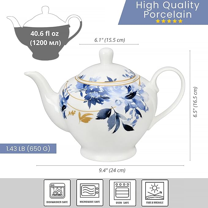 Porcelain Teapot 40 oz. Microwave & Dishwasher Safe Tea Pots for Tea, Pots for Women Gift (Mizuki)
