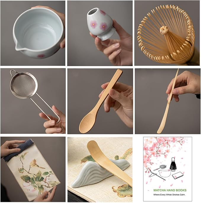 Matcha Whisk Set,8 Pcs Ceramic Matcha Set,Matcha Kit for Matcha Lovers,Tradition Tea Set Includes Bowl,Bamboo Whisk and Holder,Scoop,Sifter and Towel,Gift for Family and Friend (Light blue)