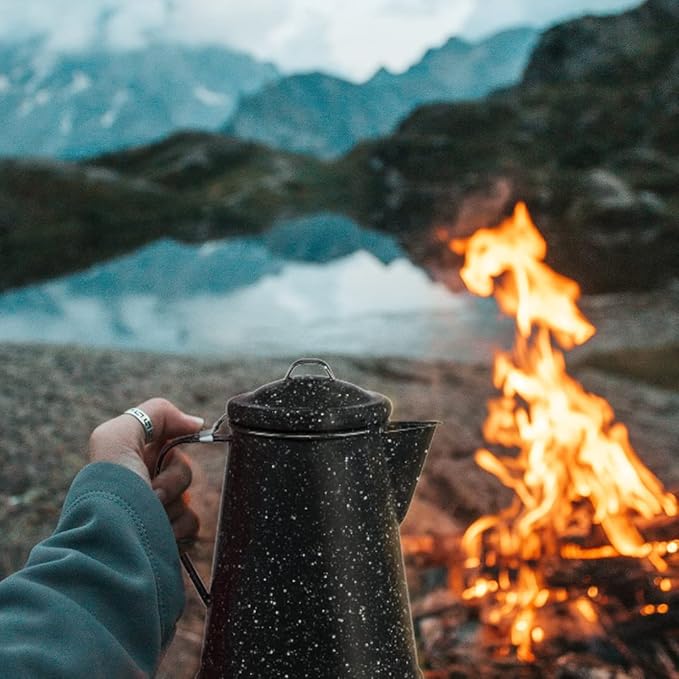 Granite Ware Coffee Boiler, 3-Quart - Stovetop or Campfire Coffee Pot, Durable Enameled Steel for Rapid Heat Absorption, Energy Efficient Design for Outdoor Adventures (Speckled Black)