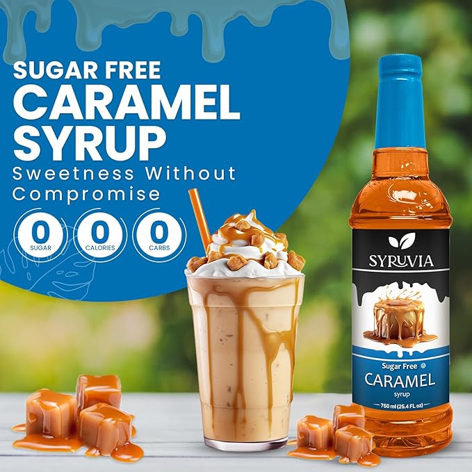 Syruvia Sugar Free Coffee Syrup, Caramel Flavored Syrup for Drinks, Lattes, and Desserts – 25.4 fl oz