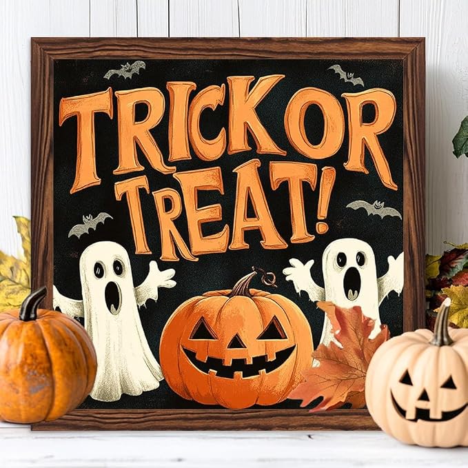 Whimsical Halloween Decorative Sign Trick or Treat Ghosts & Pumpkin Wooden Sign, With Frame Festival Sign for Home Office, Cafe, Bedroom Halloween Decor 7.87x7.87 Inch - Image 3