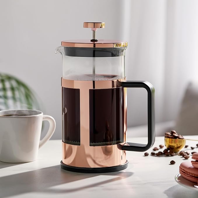 Pinky Up Piper Tea Press Pot, Coffee Maker, French Press for Loose Leaf Tea and Coffee, Hot or Iced Beverage Brewer, 34 oz, Rose Gold