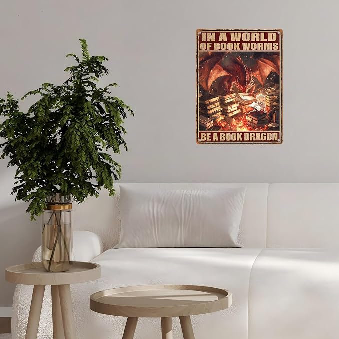 Dragon Vintage Art Wall Decor Sign In A World of Bookworms Be A Book Dragon for Garage Home Bedroom Bar Wall Decor 12 * 16inch - Image 6