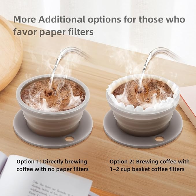 Paperless Collapsible Travel Pour Over Coffee Maker Camping, Travel Pour Over Coffee Dripper with Reusable Stainless Steel Filter, Single Cup Coffee Strainer (Grey)