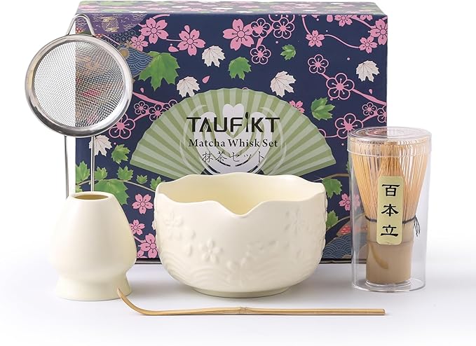Matcha Whisk Set, 5 Pcs Ceramic Matcha Set, Matcha Kit Set Includes Matcha Bowl, Matcha Whisk and Holder, Bamboo Scoop and Sifter, Matcha Tea Set, Ideal Gift for Family/Friend (Beige)
