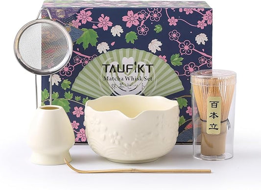 Matcha Whisk Set, 5 Pcs Ceramic Matcha Set, Matcha Kit Set Includes Matcha Bowl, Matcha Whisk and Holder, Bamboo Scoop and Sifter, Matcha Tea Set, Ideal Gift for Family/Friend (Beige)
