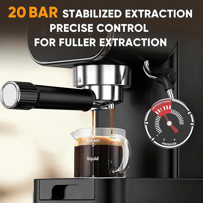 Espresso Machine 20 Bar, Home Espresso Maker with Touchscreen & Steam Milk Frother, Fast Heat-Up Coffee Machine with 48oz Removable Tank for Cappuccino, Latte, Americano, Black