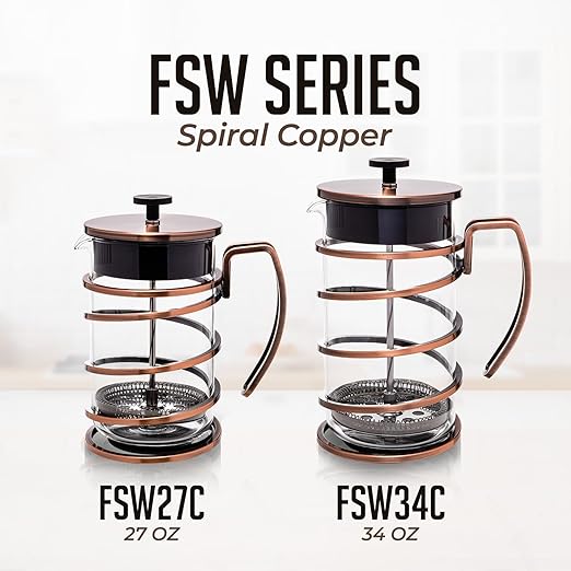 OVENTE French Press Coffee Maker 34 Ounce with Heat Resistant Borosilicate Glass, Stainless Steel Design and 4-Level Filter System, Portable Cold Brewer Pot for Travel, Camping or Gift, Copper FSW34C