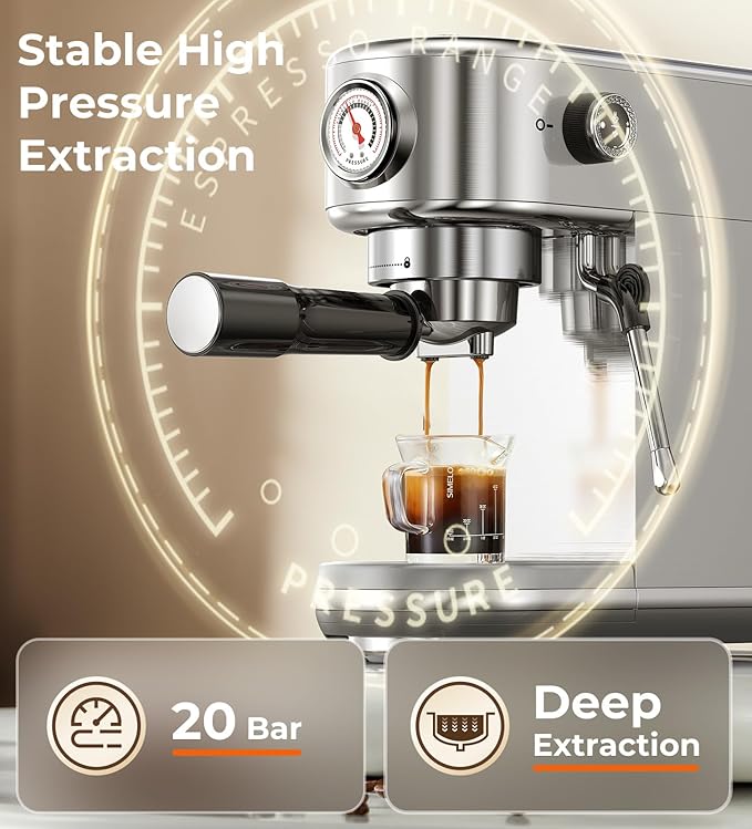 Espresso Machine with Milk Frother, 20 Bar Pressure Espresso Maker, with 44OZ Removable Tank, Compact Stainless Steel Coffee Machine for Home, Office, Latte, Cappuccino, Macchiato, Silver