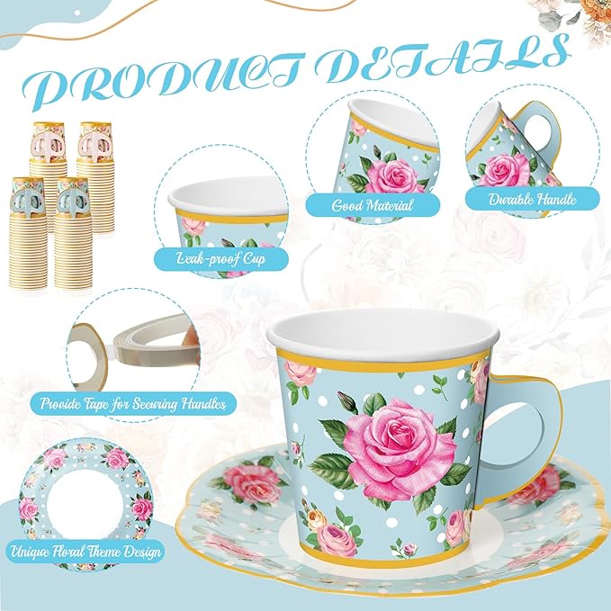 Umigy 60 Sets Tea Party Decorations 6.5 oz Floral Paper Tea Cups with Plates Paper Napkins Disposable Blossom Teacups and Saucers Sets for Girls Kid Birthday Garden Wedding Party Supplies(Elegant)