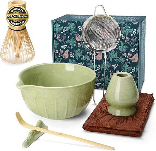 MONOJOY Matcha Whisk Set Ceramic Bowl Kit with Spout, Bamboo Chasen and Holder, Scoop Rest,Sifter Tea Towel Ceremonial Cute Matcha Tea Making Tool,Gift Perfect for Latte Lovers | Beginners,7pcs
