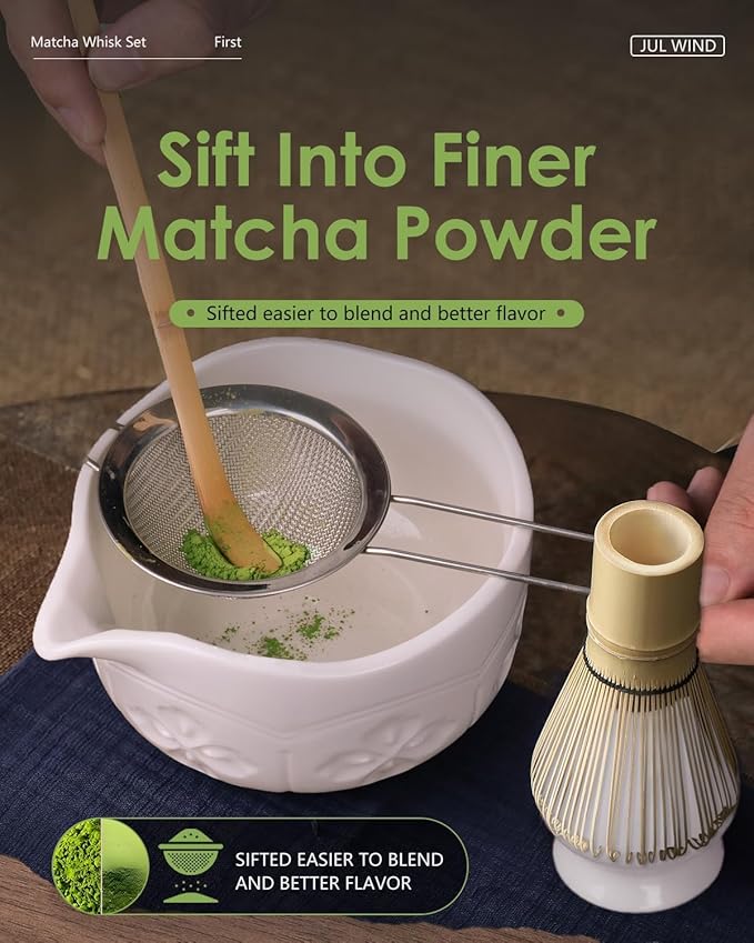 Matcha Whisk Set, Ceramic Matcha Bowl with Spout, Bamboo Whisk, Scoop, Sifter, Holder, Tea Towel - 6Pcs Matcha Kit Gift for Matcha Lovers Beginners (White)