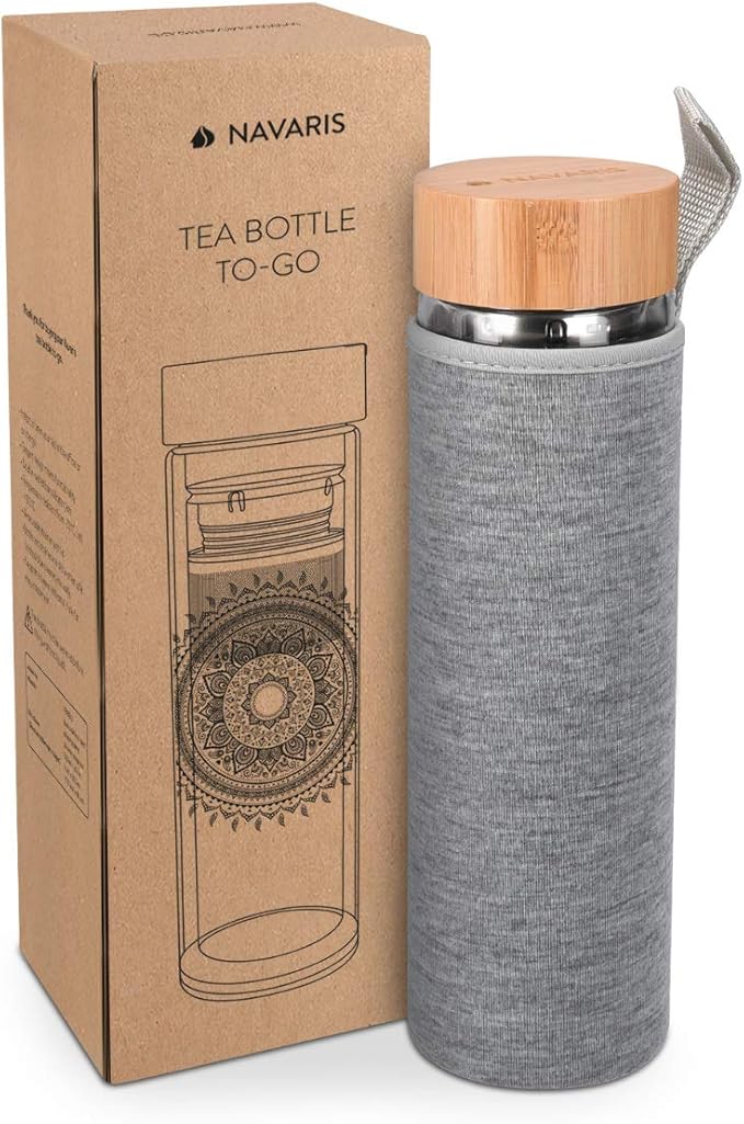 Navaris Glass Water Bottle with Tea Infuser - Double Walled Borosilicate Glass Travel Tumbler with Bamboo Lid and Non Slip Gray Neoprene Sleeve - 17oz