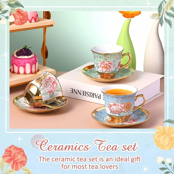 Set of 12 Tea Cups and Saucers Tea Party Decorations Floral Porcelain 5.4 oz British Gift for Women Birthday Party, Church, and Mother's Day (Classic Style)