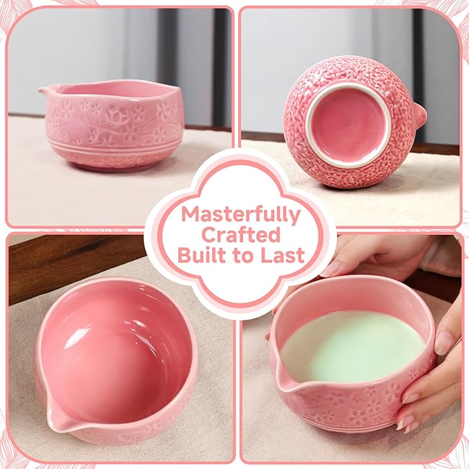 7 Pcs Matcha Whisk Set, Ceremony Matcha Kit with Matcha Bowl, Bamboo Whisk and Holder, Scoop and Scoop Rest, Sifter and Tea Towel, Gift for Matcha Lovers (Pink/Cherry Blossom-Patterned)