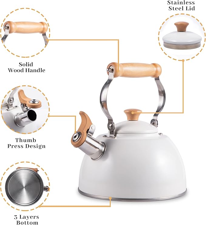 ROCKURWOK Tea Kettle, Tea Pot with Cool Touch Ergonomic Handle, Teapot Food Grade Stainless Steel, Tea Kettle Stovetop, Kettle Teapot, Whistling Tea Kettle, Tea Pot, 2.7 Quart (White)