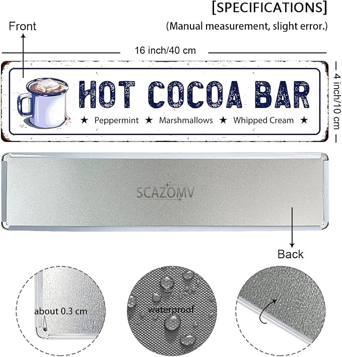 Hot Cocoa Bar Metal Sign Peppermint Marshmallows Whipped Cream Christmas Vintage Hanging Plaque for Home Kitchen Yard Office Cafe Coffee Bar Front Door Wall Decor Novelty Gift 16" x 4" - Image 2