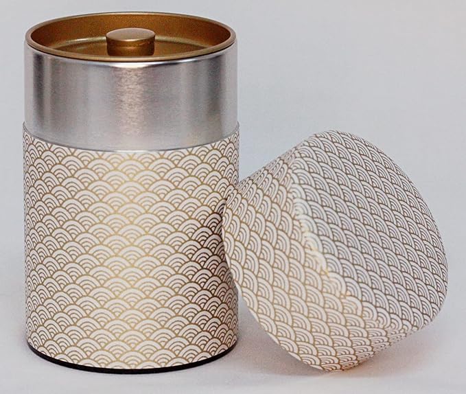 Washi Paper Tea Tin Canister: Long 5.3oz (150g) White Waves with Gold Outlines (#1), Japan