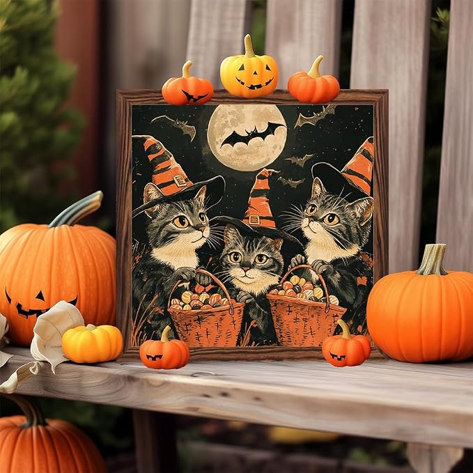 Vintage Halloween Decorative Sign Witch Cats Holding Baskets of Candy Art Wooden Sign, With Frame Festival Sign for Home Office, Cafe, Bathroom Halloween Decor 7.87x7.87 Inch - Image 7