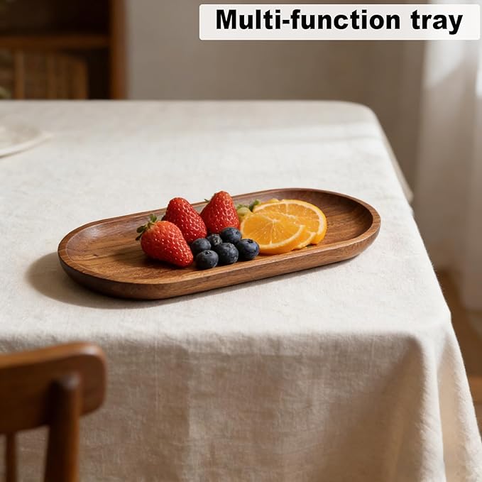 Small Wooden Tray, Oval Wood Serving Trays, Acacia Wood Platter for Coffee Tables, Dessert, Snack, Fruit, Bathroom Tray Charcuterie Board for Home Decor (M)