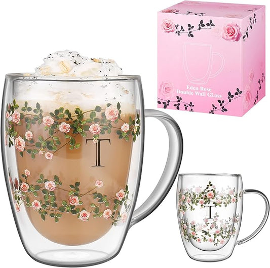 Initial Glass Cup for Women, 12oz Rose Double Walled Glass Coffee Mugs, Personalized Gifts for Women, Initial Coffee Tea Mug with Scarf, Birthday Gifts for Her Mom Friends (ROSE-T)