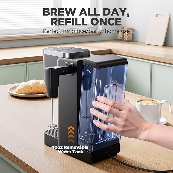 Single Serve Coffee Maker with Built-in Detachable Milk Frother, Iced and Hot Coffee Machine for K Cup & Grounds, 40oz Removable Water Reservoir, 6 Cup Sizes, Fits 7.3" Travel Mug, Black