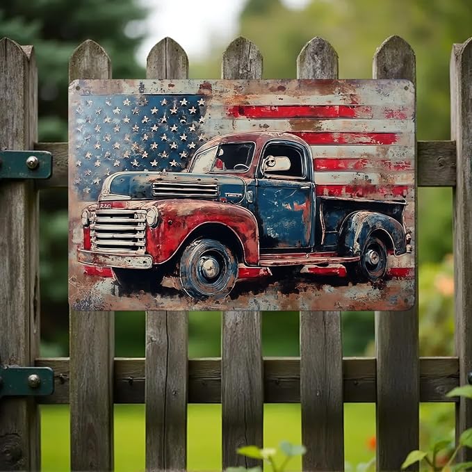 Vintage American Flag Sings Truck Metal Sign Print Aesthetic Room Decoration for Home Bedroom Kitchen Bar Dorm Bathroom Wall Decor 8 x 12 in - Image 6