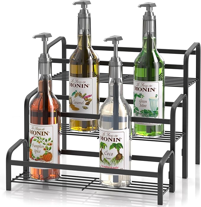 DTUQYX Coffee Syrup Organizer 3-Tier, 12 Bottles Capacity Coffee Syrup Rack,Metal Syrup Stand for Spice, Wine, Liquor, Bottle, Coffee Bar Station Racks Magnetic, No Installation