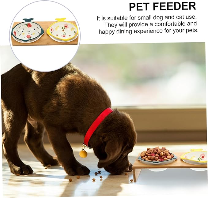 Creative Raised Cat Feeder with Bamboo Stand and Ceramic Double Bowls Reduces Neck Strain for Cats and Puppies Easy Eating and Comfortable Licking