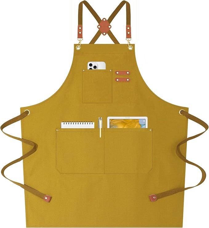 AFUN Chef Aprons for Women Men with Oversized Pockets, 12-Ounce Cotton Canvas Cross Back Water Repellent Apron (Brown)
