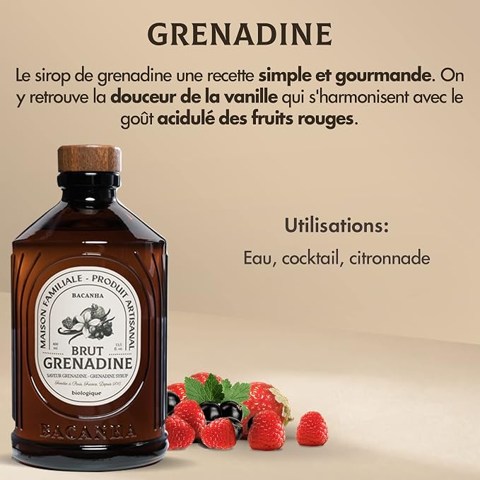 Bacanha Organic Brut Grenadine Syrup - Premium French Fruit Syrup - Sweet & Tart Red Fruit Flavor for Cocktails & Desserts – Gourmet and Organic - For Coffee, Mocktails - 400ml Glass Bottle - Image 4