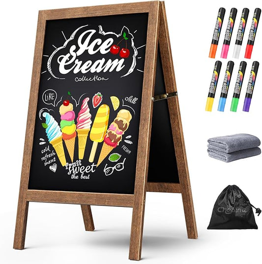 Chezerra A Frame Chalkboard Sign, 40"x20" Extra Large Sidewalk Chalk Board, Wooden Standing ChalkBoards Set with Markers, Double-Sided Magnetic Blackboard for Cafés, Weddings, Party Guide, Brown