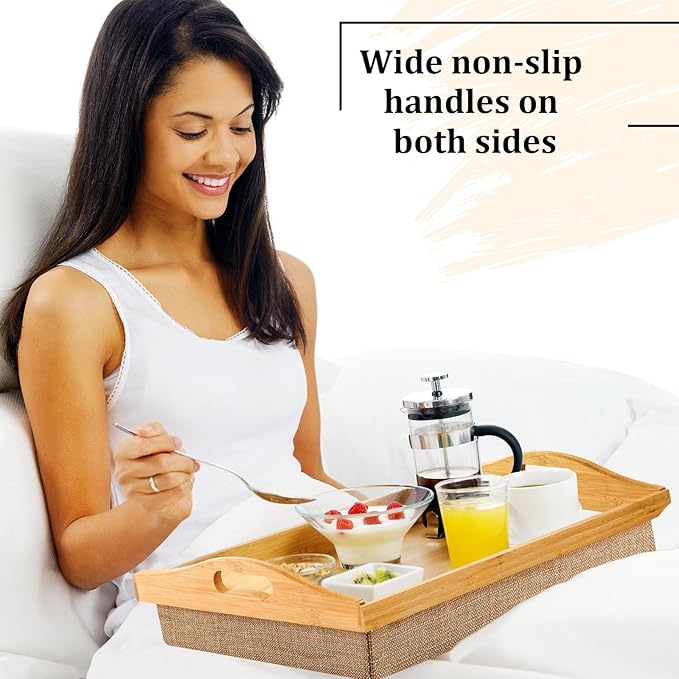 Tioncy 1 Piece Bamboo Lap Tray with Detachable Pillow 16.9'' x 13'' Lap TV Trays Desk with Handles for Adults Eating in Recliner Breakfast Housewarming Gift (Natural Color,Flaxen)