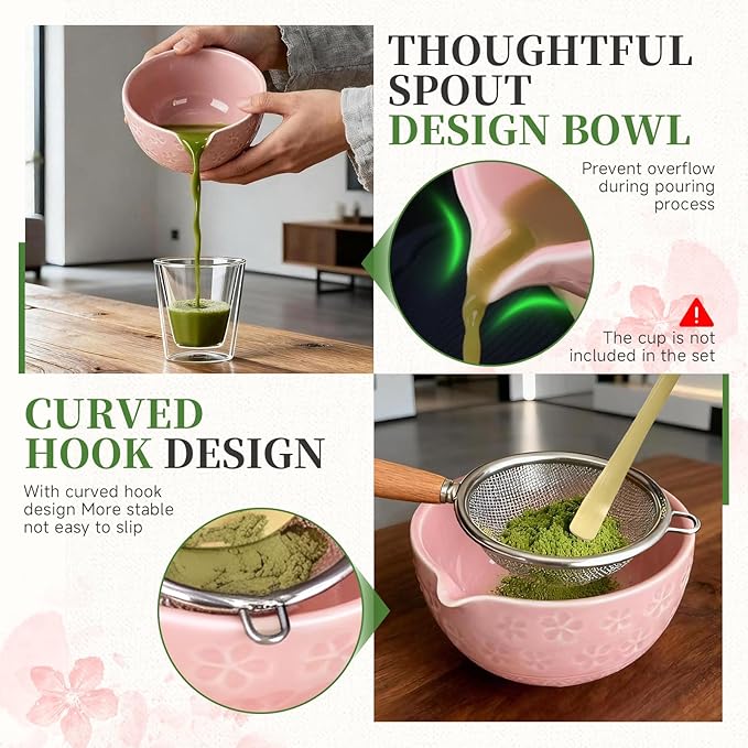 Matcha Whisk Set, Japanese Tea Ceremony Utensils (8 PCS) with Matcha Bowl with Spout (19 oz), Bamboo Whisk, Scoop, Holder, Sifter, Tea Towel – Authentic Matcha Set & Gift Box (Pink)