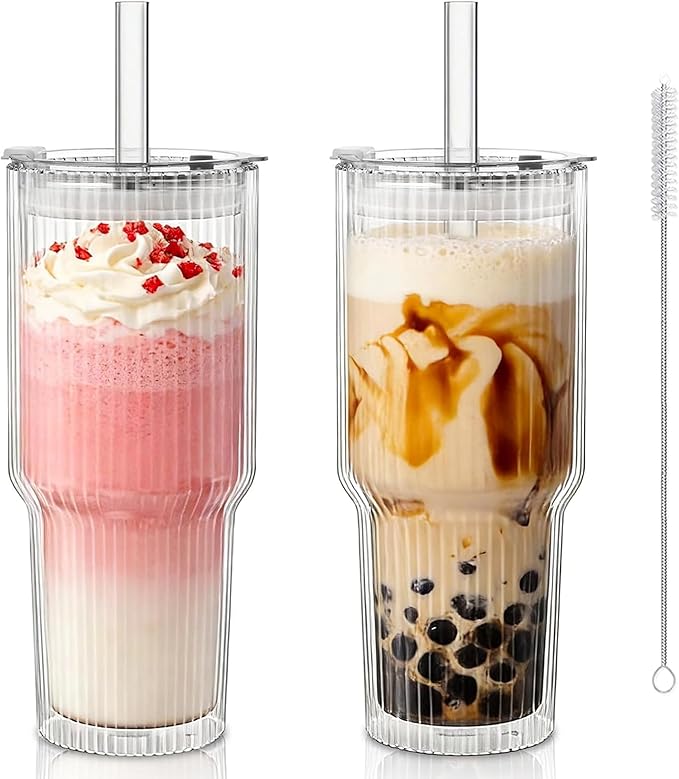 KEMORELA 28 oz Double Wall Glass Tumblers Set of 2, Extra-Wide 13mm Reusable Glass Drinking Straws, Boba Tumbler, Wide-Mouth Water Cups for Iced Coffee, Smoothies, Boba & Tea Lovers (Ribbed)