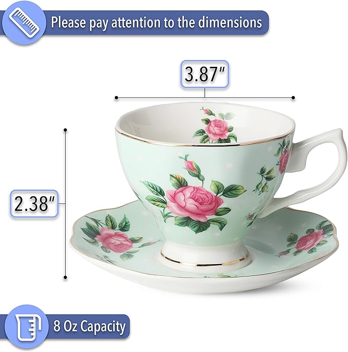 BTaT- Floral Tea Cups and Saucers Set of 8 (8 oz), Porcelain Tea Cup Sets, Assorted Colors with Gold Trim & Gift Box, Dishwasher Safe