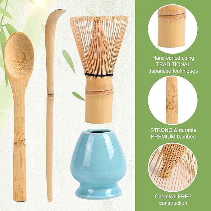 Matcha Whisk Set, 4pcs Bamboo Matcha Whisk, Wooden Scoop, Matcha Spoon, Ceramic Whisk Holder