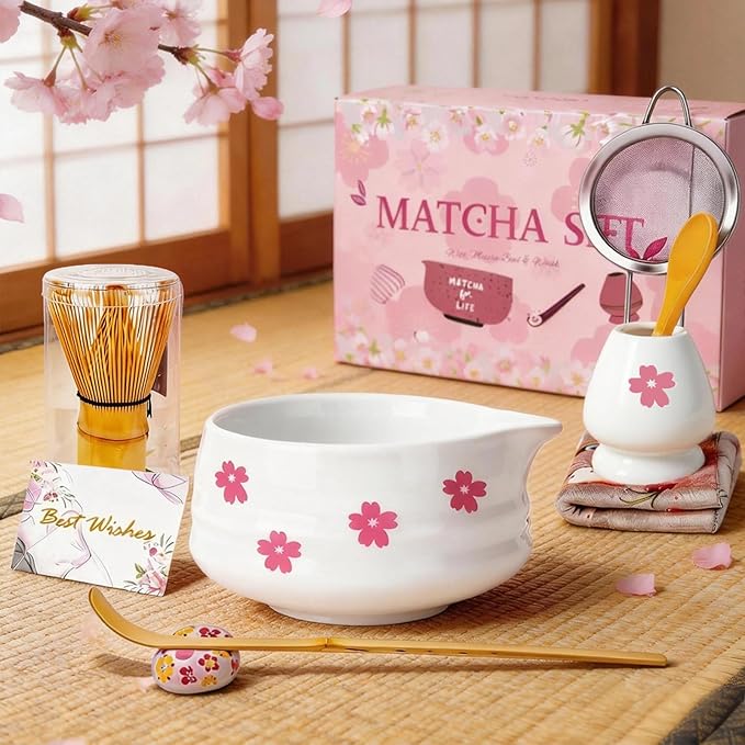 8Pcs Cute Ceramic Matcha Set with Whisk Bowl, Matcha Tea Kit Holder, Bamboo Scoop, Sifter, Towel Included, Valentine's Mother's Day Gift for Matcha Lover Women (White Sakura)